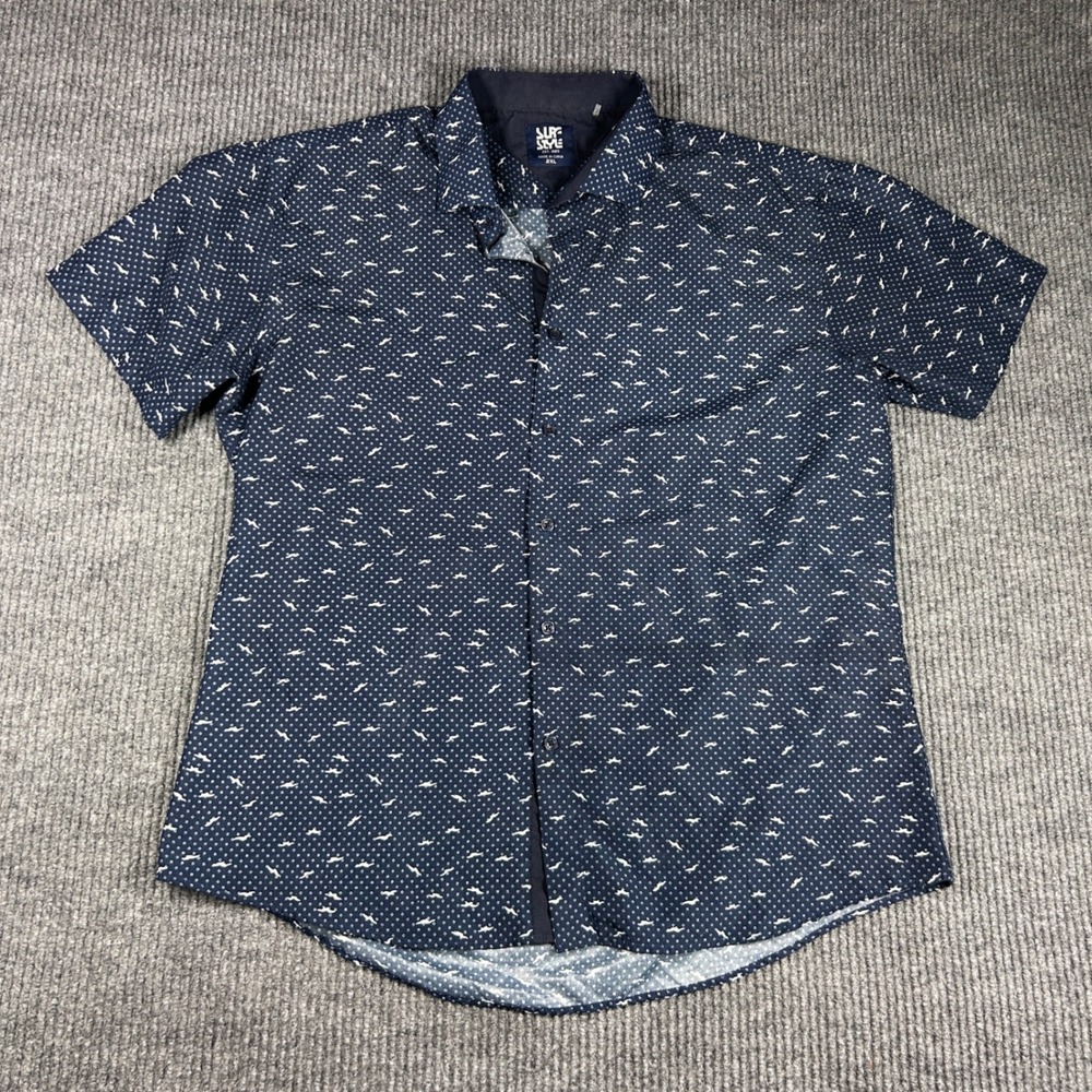 Surf Style Shirt Mens 2XL Blue White Bird Print Short Sleeve Button Down